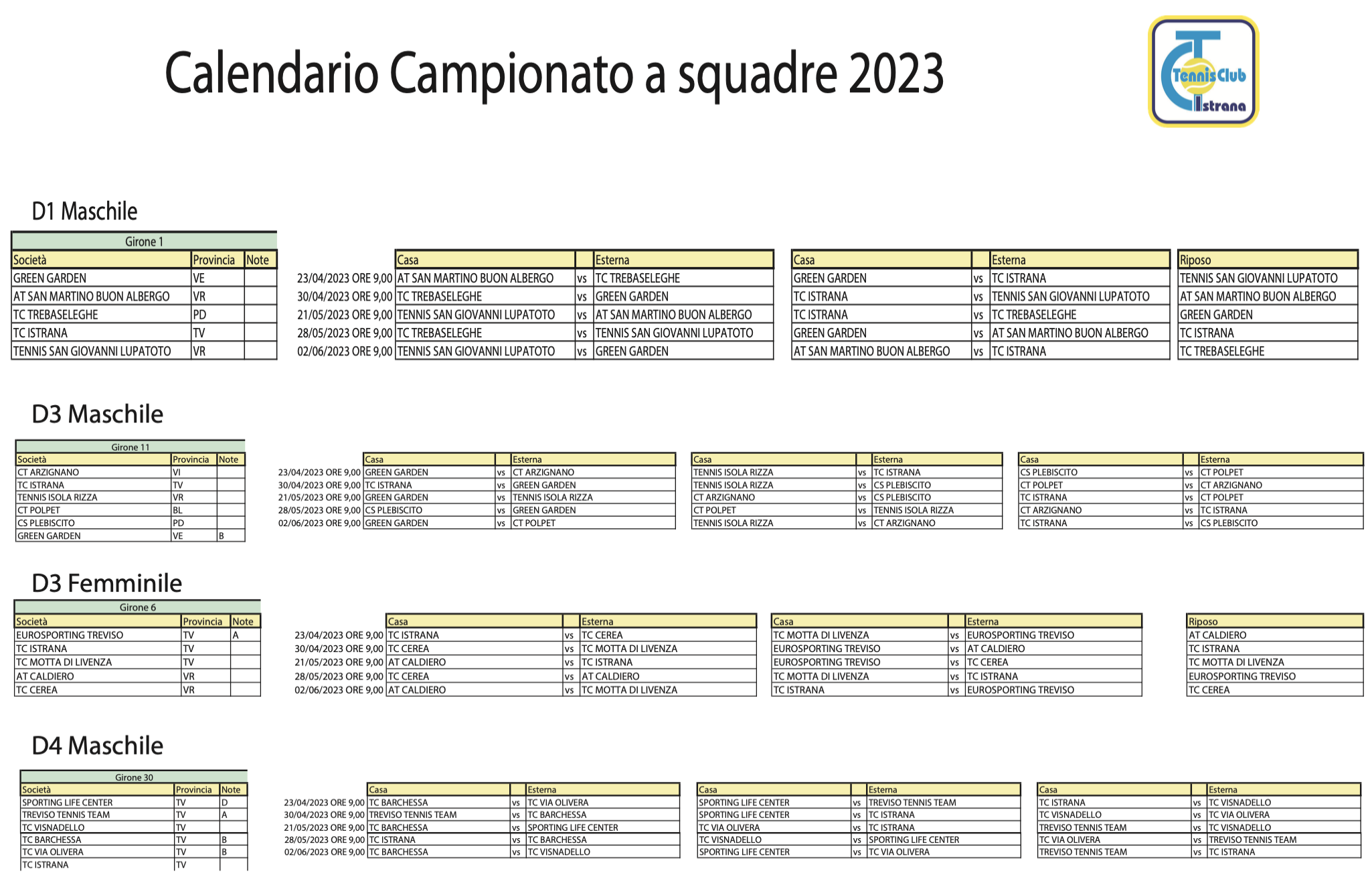 Il calendario dei campionati a squadre 2023 TCIstrana